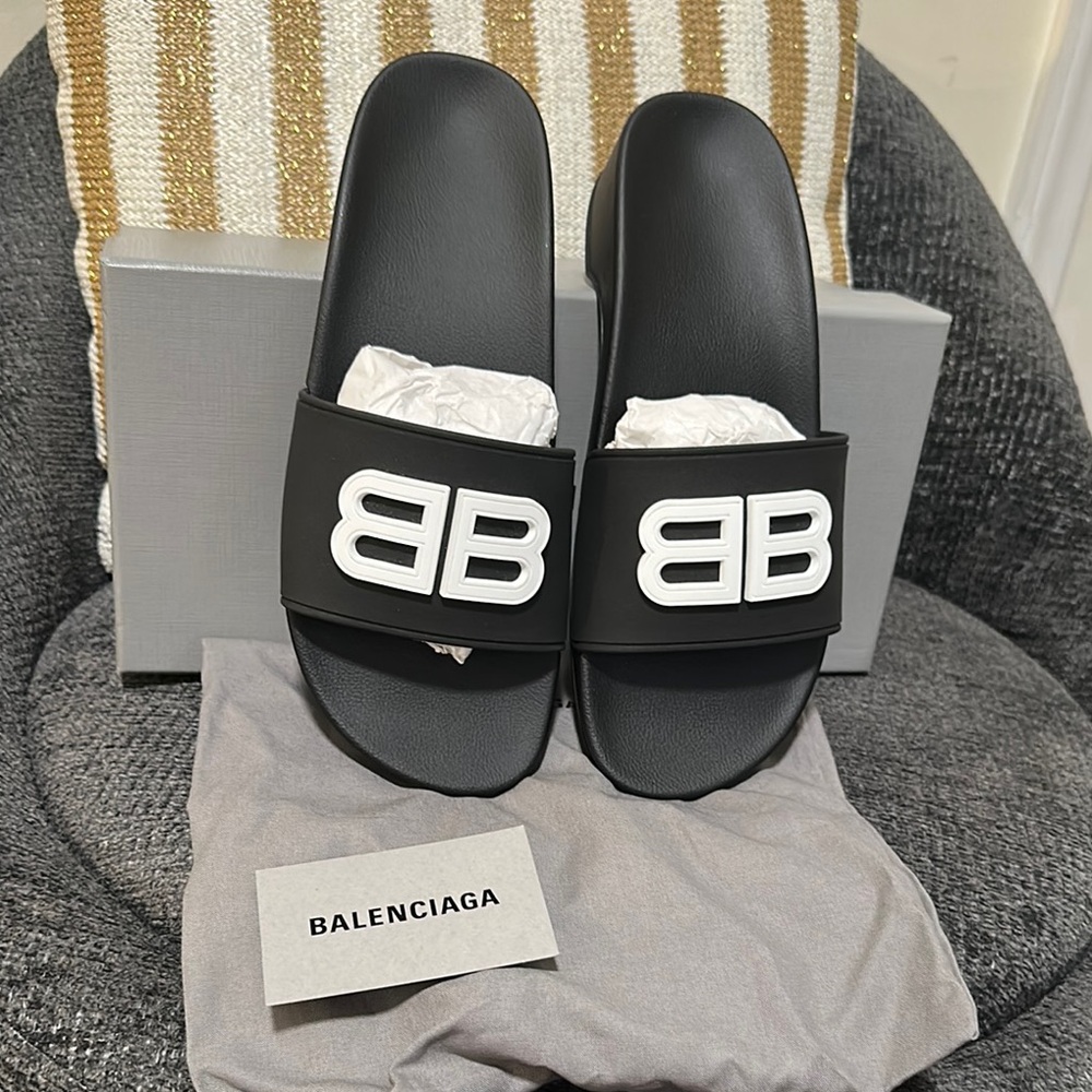 Balenciaga Black Slides with White Emblem
